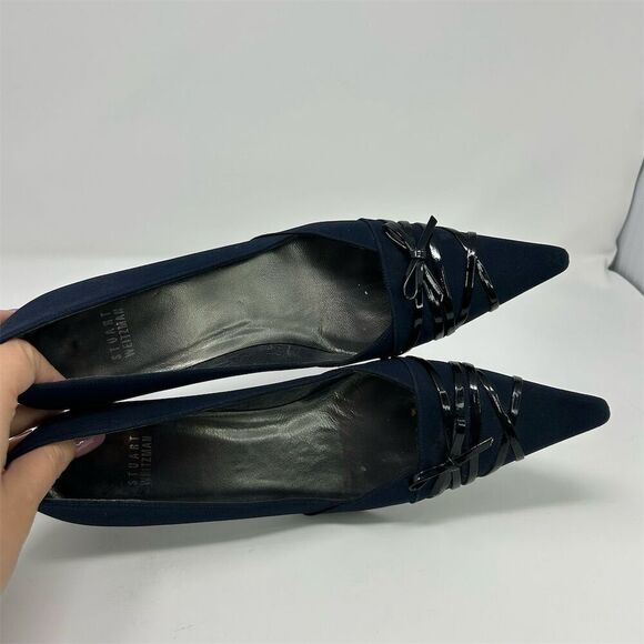 Stuart Weitzman Women's Navy Blue Pointed Toe Bow Swirled Heels Size 10.5 Narrow - Picture 11 of 14